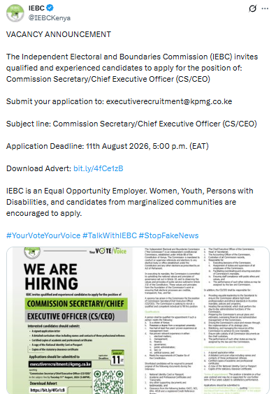 IEBC statement announcing the recruitment of a Commission Secretary/Chief Executive Officer (CS/CEO). PHOTO/Screengrab by PD Digital