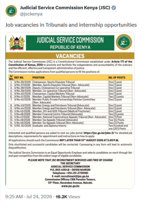 A screenshot of the JSC job vacancies. PHOTO/Screengrab by People Daily Digital/@jsckenya/X