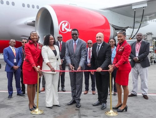 Cabinet Secretary for Roads and Transport Davis Chirchir, Principal Secretary for Aviation and Aerospace Development Teresia Mbaika, and Kenya Airways Acting Group Managing Director and CEO Captain George Kamal cut the ribbon to mark the inaugural Boeing 777-300ER flight from Nairobi to London on Friday, July 17, 2026. PHOTO/@KenyaAirways/X