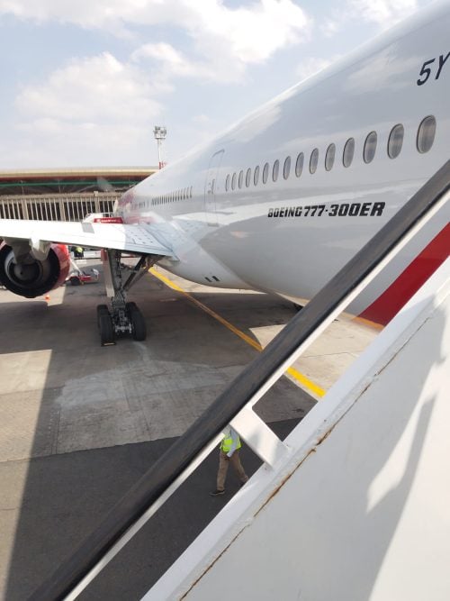 A rear view of Kenya Airways Boeing 777-300ER. PHOTO/@KenyaAirways/X