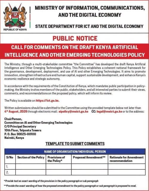 A call for public comments on Kenya's AI policy. PHOTO/https://web.facebook.com/honkabogo