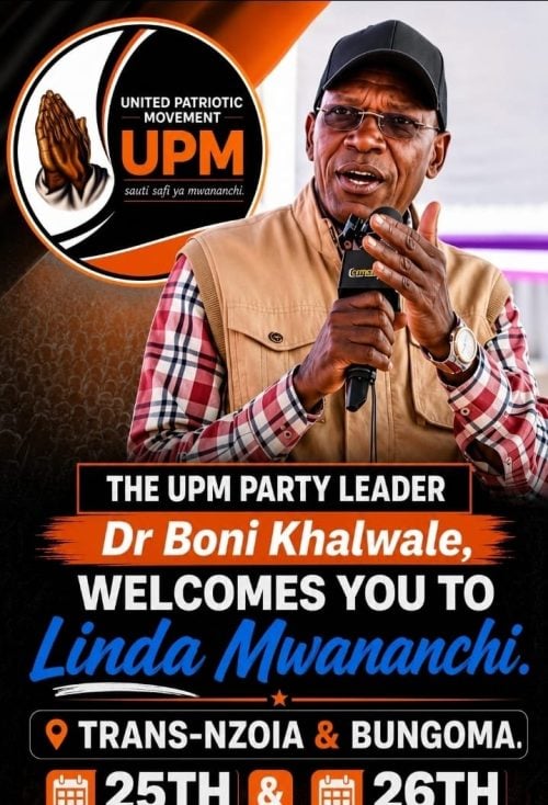 A promotional poster of Boni Khalwale welcoming the Linda Mwananchi team to Trans Nzoia and Bungoma Counties. PHOTO/@DrBKhalwale/X