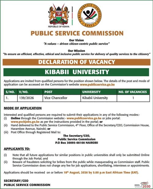 The Kibabii University VC vacancy. PHOTO/@MyGovKe/X