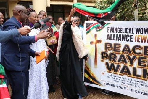 Kirinyaga County Commissioner Shufaa Mwijuma flags off a peace walk outside the county offices on Saturday, July 25, 2026. PHOTOBancy Lole