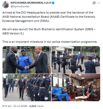 Statement on the launch of the Multi-Biometric Identification System (MBIS). PHOTO/Screengrab by PD Digital/@kipmurkomen/X