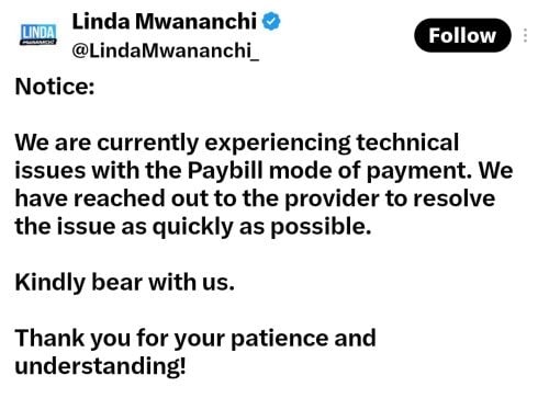 The Linda Mwananchi movement notice on its donation paybill on Thursday July 23, 2026. PHOTO/@LindaMwananchi_