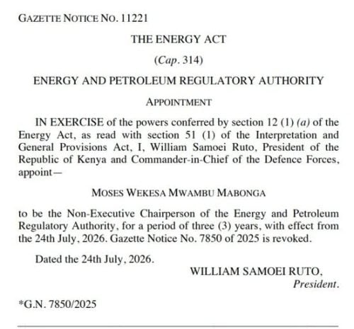 A gazette notice from the office of the President appointing Mwambu Mabonga as the Non exucutive chair of EPRA. PHOTO//https://www.facebook.com/share/p/1Bu2AFNX22/