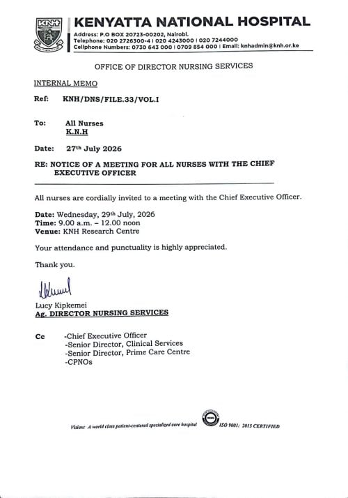 Memo on nurses’ meeting at Kenyatta National Hospital. PHOTO/KNH
