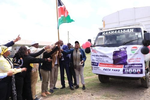 Moses Kuria and other government officials flag off the distribution of LPG cylinders in Ol Kalou. PHOTO/@HonMoses_Kuria/X