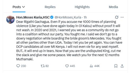 Moses Kuria dares Gachagua to provide evidence. PHOTO/Screengrab by People Daily Digital from X by @HonMoses_Kuria