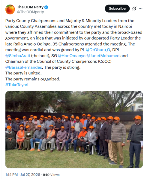 A screenshot of the ODM statement. PHOTO/Screengrab by People Daily Digital/@TheODMparty/X