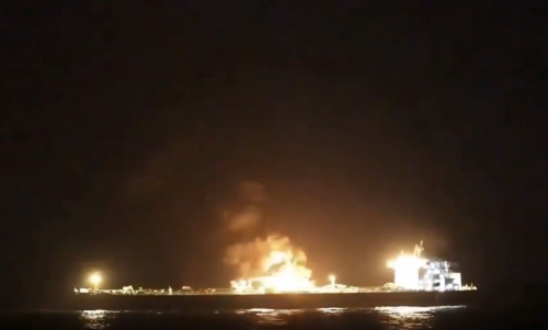 An oil tanker engulfed in flames after a reported Houthi attack. PHOTO/Screengrab by PD Digital/@HormuzReport/X