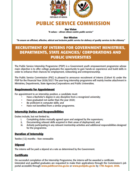 A snippet of the PSC latest internship opportunities. PHOTO/Screengrab by People Daily Digital/MyGov