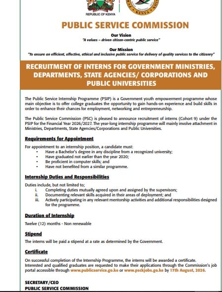 Part of the notice shared by the Public Service Commission (PSC) on Tuesday July 28, 2026 announcing internship positions. PHOTO/Screengrab by PD Digital/https://gaa.go.ke/