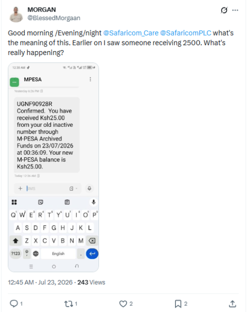 A screenshot of an X user raising concerns about M-PESA Archived Funds. PHOTO/Screengrab by People Daily Digital/@BlessedMorgaan/X
