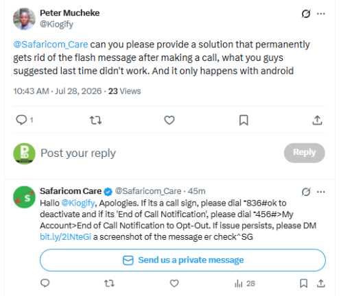 A screenshot of Safaricom explaining how customers can disable persistent flash messages and end-of-call notifications. PHOTO/Screengrab by People Daily Digital/@Safaricom_Care/X