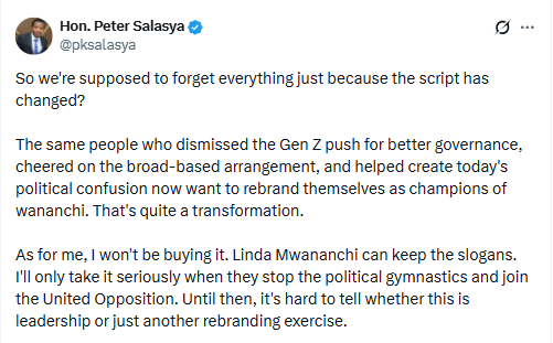 A screenshot of Peter Salasya's statement. PHOTO/Screengrab by People Daily Digital/@pksalasya/X