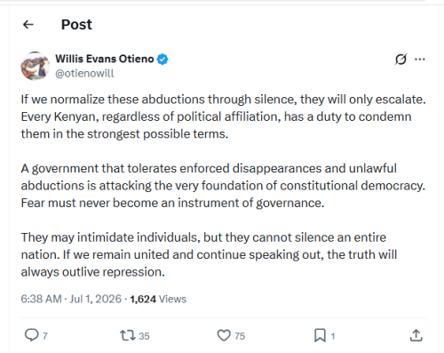 Willis Otieno complains about rising cases of abductions, nationwide. PHOTO/Screengrab by People Daily Digital from X by @otienowill