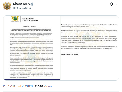 Statement on the killing of Ghanaian national Bashiru Isak in South Africa. PHOTO/Screengrab by People Daily Digital/@GhanaMFA/X