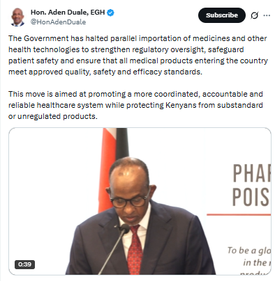 Statement on the halting of parallel importation of medicines and health technologies. PHOTO/Screengrab by PD Digital/@HonAdenDuale/X