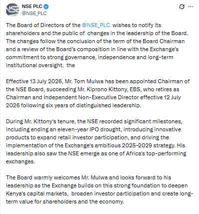 Statement on the NSE Board leadership change. PHOTO/Screengrab by PD Digital/@NSE_PLC/X