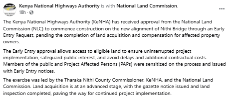 Statement from KeNHA on early entry to Nithi Bridge construction. PHOTO/Screengrab by PD Digital