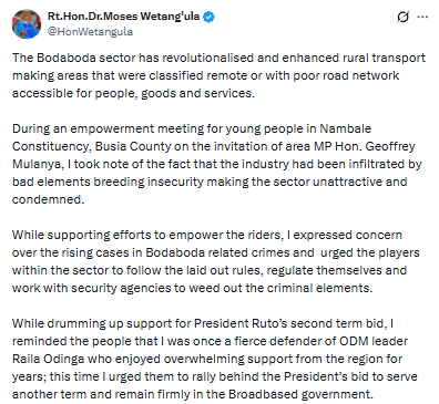 **Caption (cleaned up):**
Statement on support for President Ruto. PHOTO/Screengrab by PD Digital/@HonWetangula/X