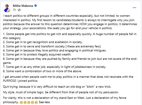 Millie Odhiambo’s statement on political purpose shared on Facebook on Saturday, July 4, 2026. PHOTO/Screengrab by People Daily Digital