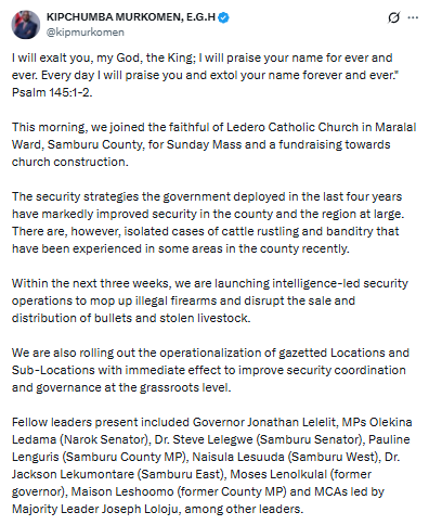 Statement on security operations in Samburu. PHOTO/Screengrab by PD Digital/@kipmurkomen/X