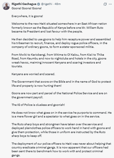 Statement on rising goon attacks in political and public gatherings. PHOTO/Screengrab by PD Digital/@rigathi/X