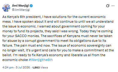 Statement on SACCO money. PHOTO/Screengrab by PD Digital/@JimiWanjigi/X