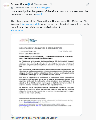 Statement on insecurity in Mali. PHOTO/Screengrab by PD Digital/@_AfricanUnion/X