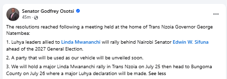 Statement on the strategy meeting at Trans Nzoia Governor George Natembeya’s home on Sunday, July 5, 2026. PHOTO/Screengrab by PD Digital/Facebook/Senator Godfrey Osotsi