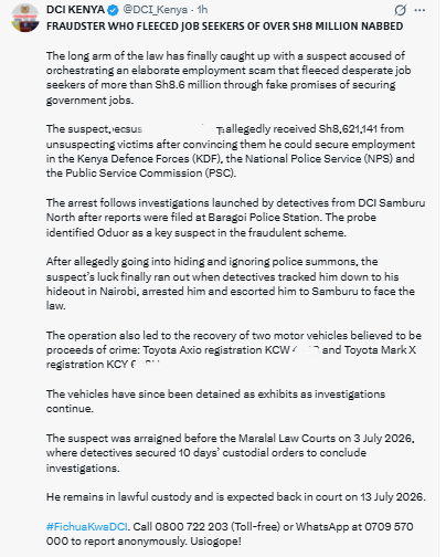 Statement on fake KDF, PSC jobs scam in Kenya. PHOTO/Screengrab by PD Digital/@DCI_Kenya /x