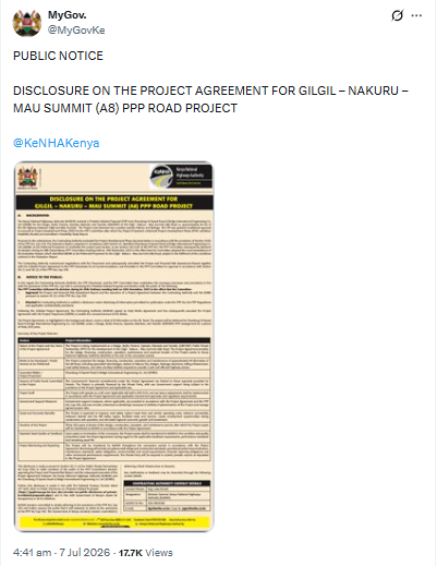Statement on the Gilgil–Nakuru–Mau Summit road toll charges. PHOTO/Screengrab by PD Digital/@MyGovKe/X