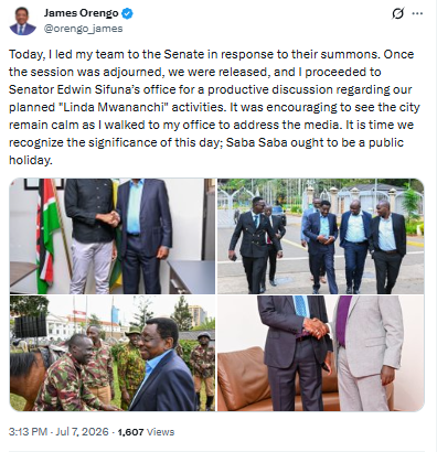 James Orengo's statement calling for Saba Saba to be declared a public holiday. PHOTO/Screengrab by People Daily Digital/@orengo_james/X
