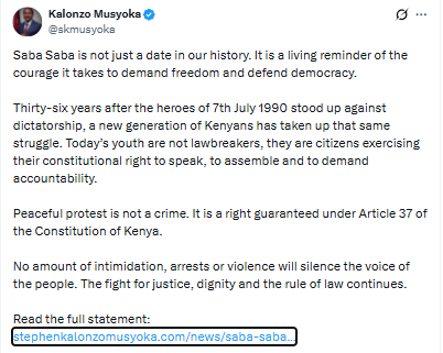 Statement on Saba Saba Day. PHOTO/Screengrab by PD Digital/@skmusyoka/X