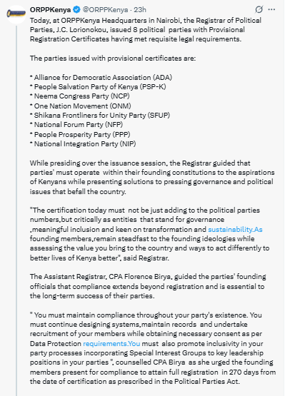 Statement on the issuance of provisional registration certificates to eight new political parties. PHOTO/Screengrab by People Daily Digital/@ORPPKenya/X