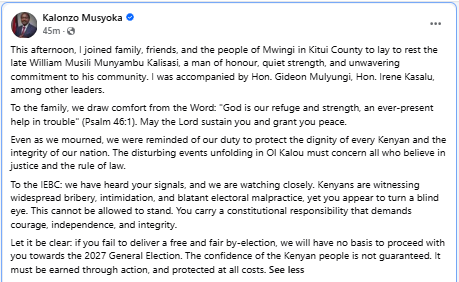 Statement by Wiper leader Kalonzo Musyoka on the Ol Kalou by-election. PHOTO/Screengrab by PD Digital
