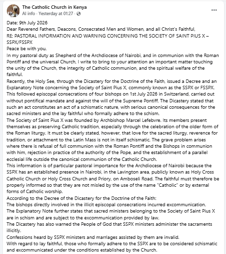 Part of Archbishop Philip Anyolo's pastoral statement warning Catholics against the Society of Saint Pius X (SSPX). PHOTO/Screengrab by PD Digital/Facebook/The Catholic Church in Kenya