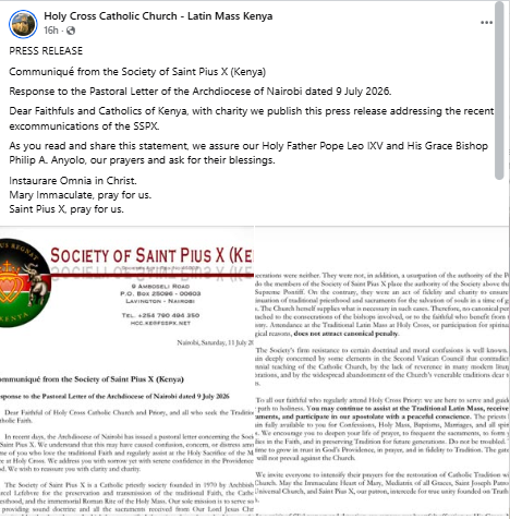 Statement by Holy Cross Catholic Church responding to the Archdiocese of Nairobi's pastoral letter on the Society of Saint Pius X (SSPX). PHOTO/Screengrab by PD Digital/Facebook