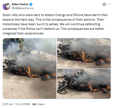 Statement on burning motorbikes following the disruption of an event attended by James Orengo and Edwin Sifuna. PHOTO/Screengrab by PD Digital/@HEBabuOwino/X