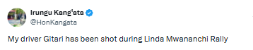 Statement by Irungu Kang’ata on the shooting of his driver. PHOTO/Screengrab by PD Digital/@HonKangata/X