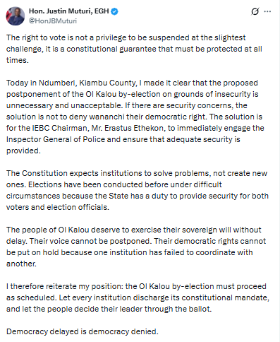 Statement by Justin Muturi on the Ol Kalou by-election postponement debate. PHOTO/Screengrab by PD Digital/@HonJBMuturi/X