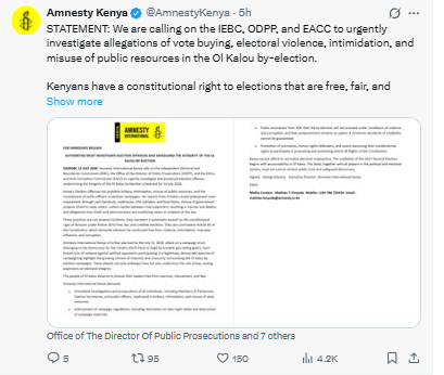 Statement by Amnesty International Kenya on the Ol Kalou by-election. PHOTO/Screengrab by PD Digital/@AmnestyKenya/X