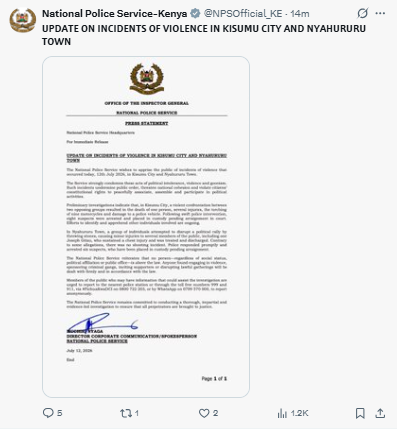 Statement by the National Police Service on the violence reported in Kisumu and Nyahururu. PHOTO/Screengrab by PD Digital/@NPSOfficial_KE/X