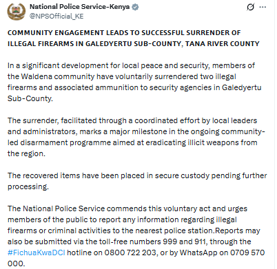 Statement by NPS on illegal firearms surrender in Tana River. PHOTO/Screengrab by PD Digital/@NPSOfficial_KE/X