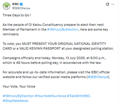IEBC statement highlighting key reminders ahead of the Ol Kalou by-election. PHOTO/Screengrab by PD Digital/@IEBCKenya/X