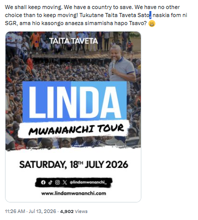 Statement by Edwin Sifuna announcing the Linda Mwananchi rally in Taita Taveta. PHOTO/Screengrab by PD Digital/@edwinsifuna/X