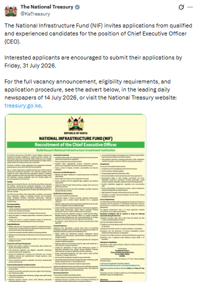 National Infrastructure Fund CEO recruitment advert. PHOTO/Screengrab by PD Digital/@KeTreasury/X